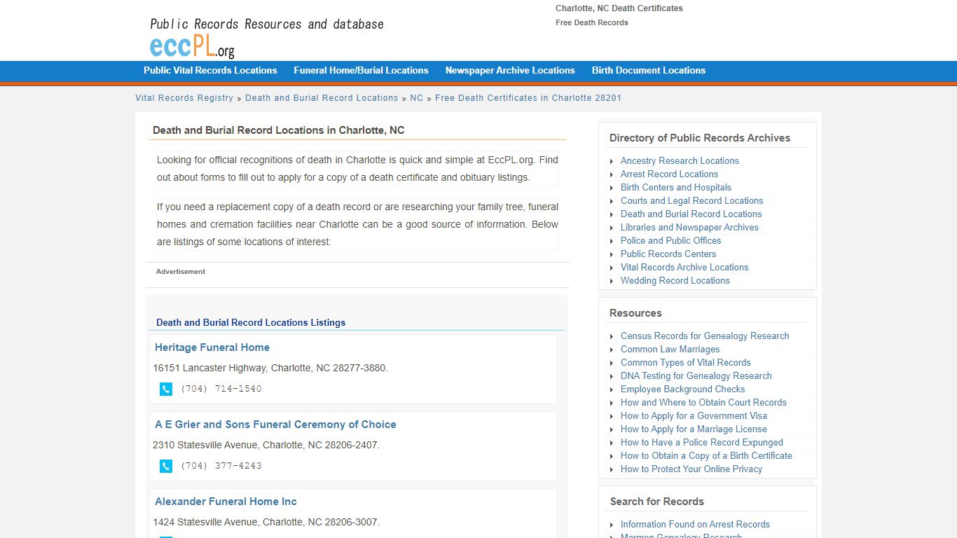 Charlotte, NC Death Certificates - Free Death Records - EccPL.org